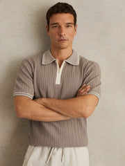 Men Micro-Cable Half-Zip Polo Shirt in Light Taupe Brown