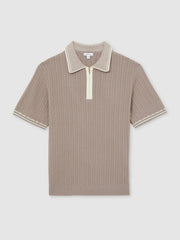 Men Micro-Cable Half-Zip Polo Shirt in Light Taupe Brown