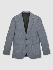 Men Slim Fit Single Breasted Linen Check Suit Blazer in Soft Blue