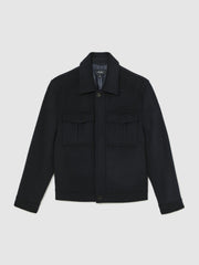 Men Wool Blend Twin Pocket Zipped Jacket in Navy
