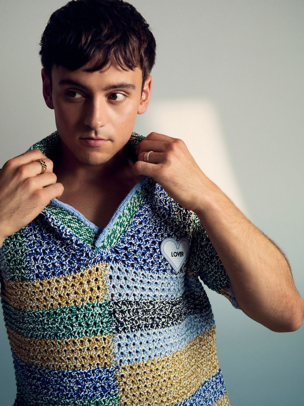 Men | Tom Daley Crochet Polo Shirt in Yellow/Green/Blue Multi