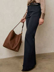 Women Petite Twill Patch-Pocket Flared Trousers in Navy