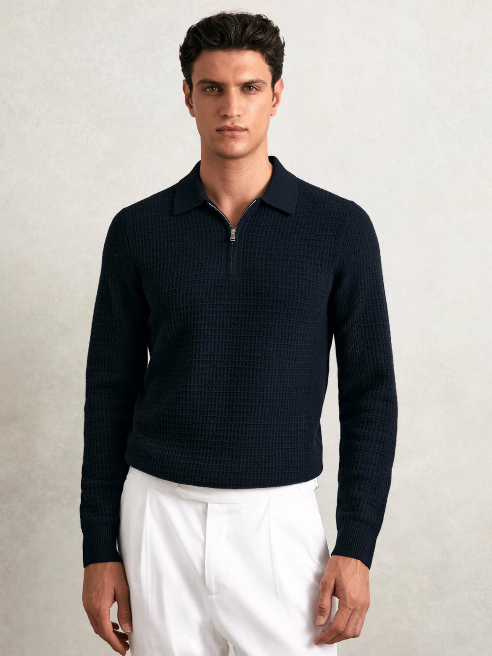 Men Wool Waffle-Knit Half-Zip Polo Shirt in Navy