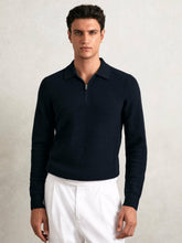Men Wool Waffle-Knit Half-Zip Polo Shirt in Navy