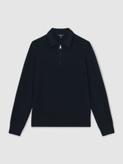 Men Wool Waffle-Knit Half-Zip Polo Shirt in Navy