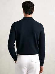 Men Wool Waffle-Knit Half-Zip Polo Shirt in Navy