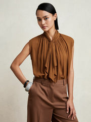 Women Crepe-Chiffon Ruffle Sleeveless Top in Tan Brown