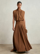 Women Jersey Ruched-Waist Maxi Skirt in Tan Brown