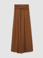 Women Jersey Ruched-Waist Maxi Skirt in Tan Brown