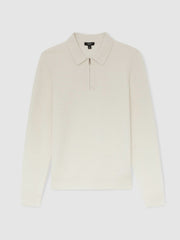 Men Wool Waffle-Knit Half-Zip Polo Shirt in Off White