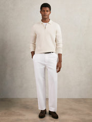 Men Wool Waffle-Knit Half-Zip Polo Shirt in Off White