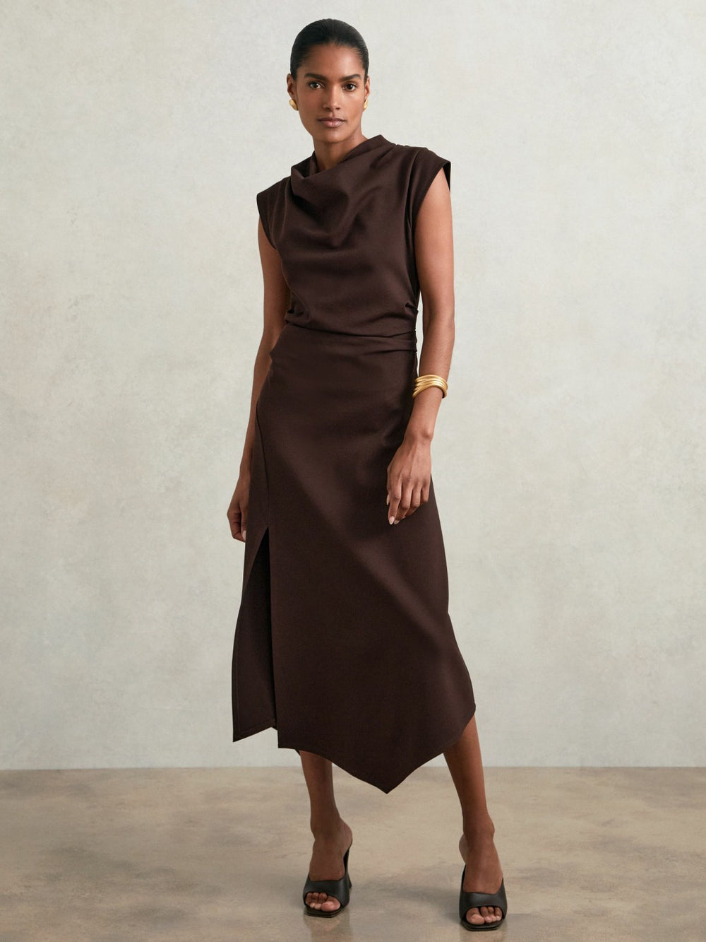 Women Twill-Jersey Draped Midi Dress in Burgundy