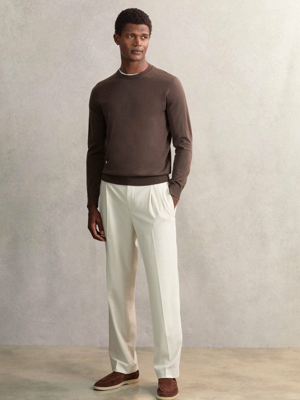 Men Relaxed-Fit Twill Drawstring Trousers in Ecru