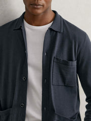 Men Merino Wool Button-Through Shirt in Midnight Navy
