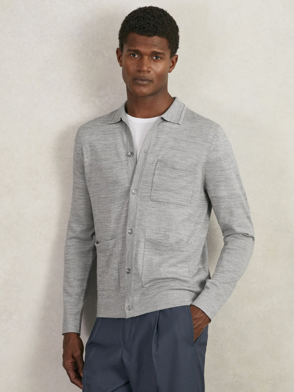 Men Merino Wool Button-Through Shirt in Soft Grey Mouline