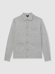 Men Merino Wool Button-Through Shirt in Soft Grey Mouline