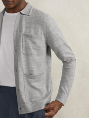 Men Merino Wool Button-Through Shirt in Soft Grey Mouline