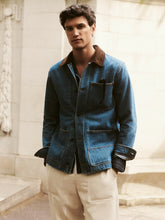 Men Corduroy Collar Denim Worker Jacket in Denim Blue