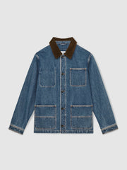Men Corduroy Collar Denim Worker Jacket in Denim Blue