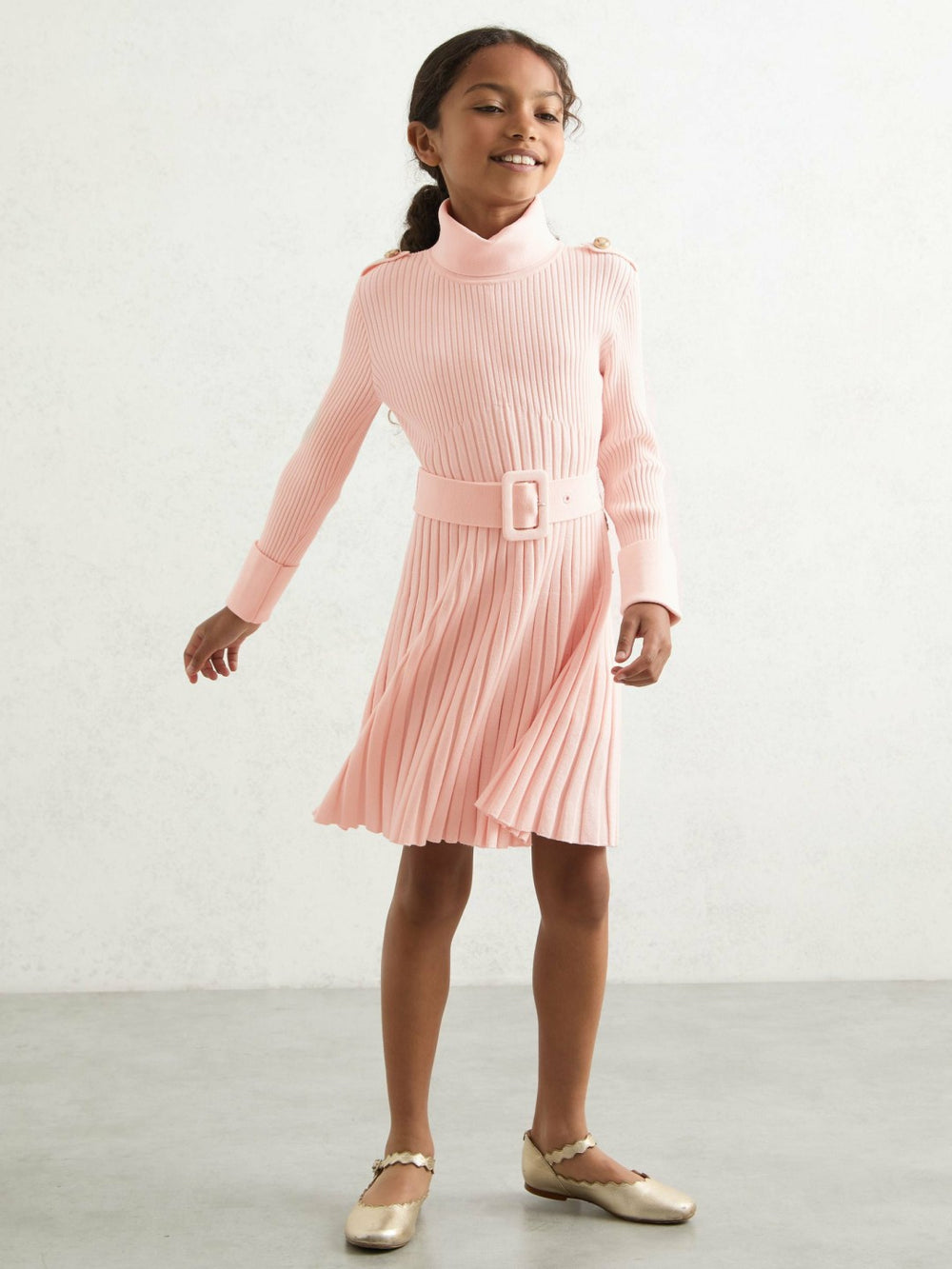 Children & Baby 9-13 yrs Rib-Knit Roll-Neck Belted Dress in Pink