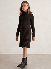 Children & Baby 13-14 yrs Rib-Knit Roll-Neck Belted Dress in Chocolate