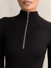 Women Rib-Knit Belted Half-Zip Flippy Dress in Black