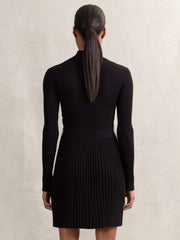 Women Rib-Knit Belted Half-Zip Flippy Dress in Black