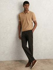 Men Textured Half-Zip Tipped Polo Shirt in Camel