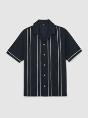 Men Piped-Stripe Cuban-Collar Shirt in Navy/White