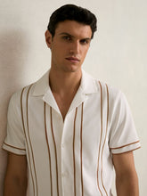 Men Piped-Stripe Cuban-Collar Shirt in White/Camel