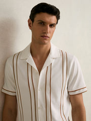 Men Piped-Stripe Cuban-Collar Shirt in White/Camel