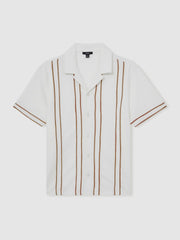 Men Piped-Stripe Cuban-Collar Shirt in White/Camel