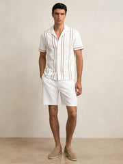 Men Piped-Stripe Cuban-Collar Shirt in White/Camel