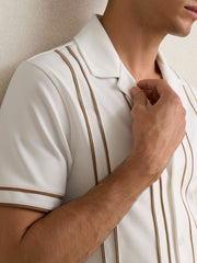Men Piped-Stripe Cuban-Collar Shirt in White/Camel