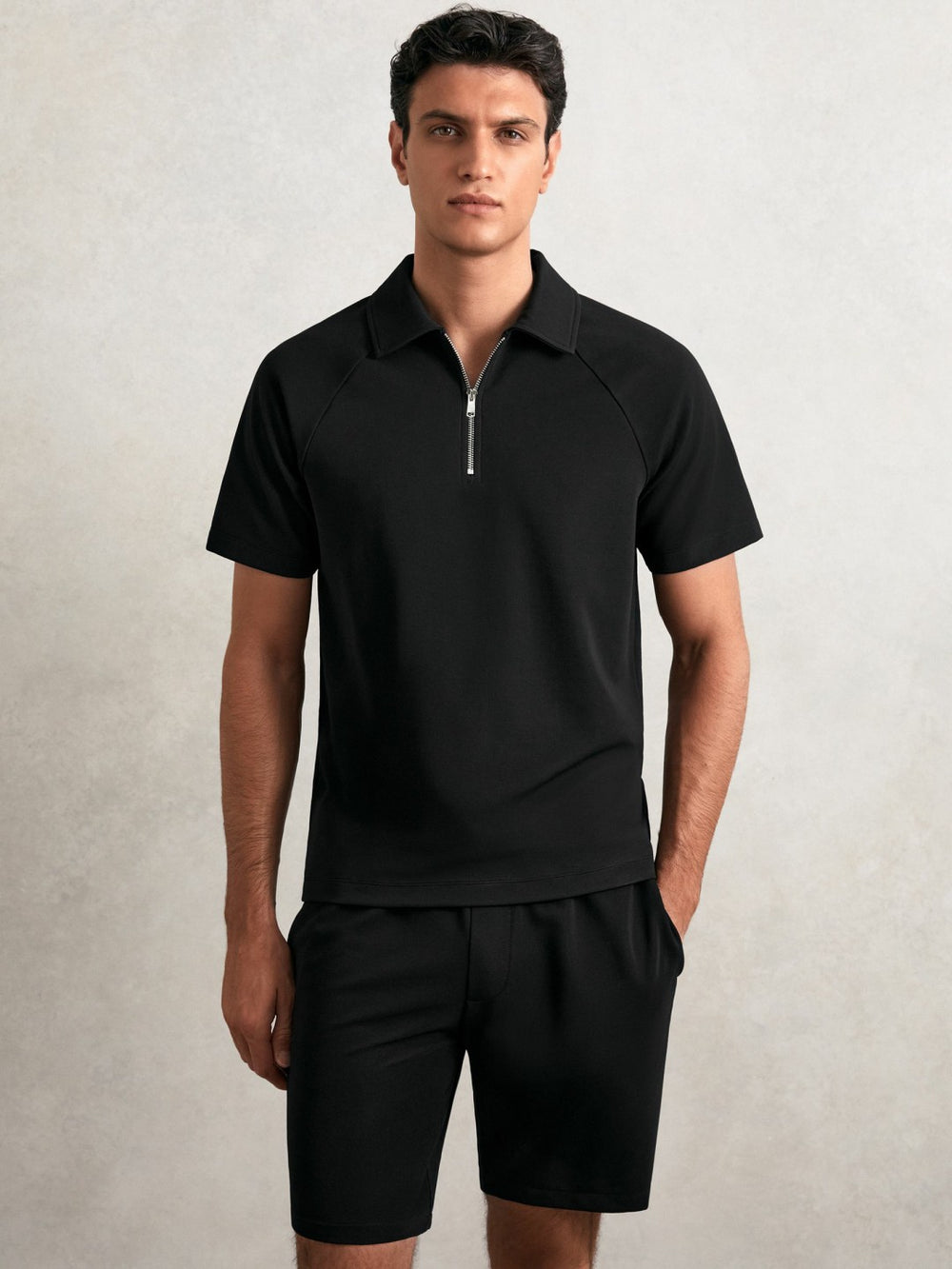 Men Textured Raglan Half-Zip Polo Shirt in Black