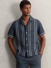 Men Piped-Stripe Cuban-Collar Shirt in Airforce Blue