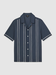 Men Piped-Stripe Cuban-Collar Shirt in Airforce Blue