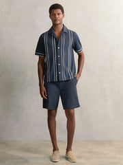Men Piped-Stripe Cuban-Collar Shirt in Airforce Blue
