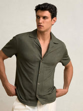 Men Jacquard-Stripe Cuban-Collar Shirt in Dark Green