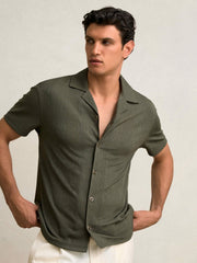 Men Jacquard-Stripe Cuban-Collar Shirt in Dark Green