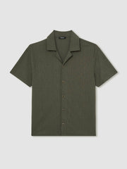 Men Jacquard-Stripe Cuban-Collar Shirt in Dark Green