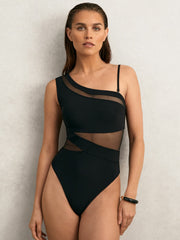 Women One Shoulder Mesh Panel Swimsuit in Black