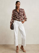 Women Abstract-Print Ruffle-Neck Shirt in Burgundy/Cream