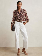 Women Abstract-Print Ruffle-Neck Shirt in Burgundy/Cream