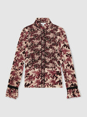 Women Abstract-Print Ruffle-Neck Shirt in Burgundy/Cream