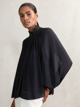 Women Lace-Trim Draped Chiffon Top in Navy