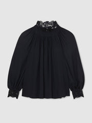 Women Lace-Trim Draped Chiffon Top in Navy