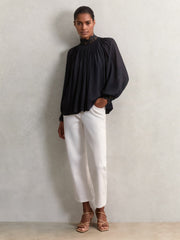 Women Lace-Trim Draped Chiffon Top in Navy