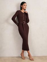 Women Buttoned Rib-Knit Midi Dress in Burgundy