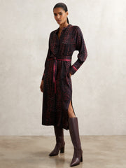 Women Snake-Print Belted Shirt Dress in Burgundy/Black